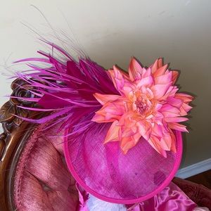 Bold pink orange purple dahlia and feather fascinator Handmade Derby Oaks Thurby